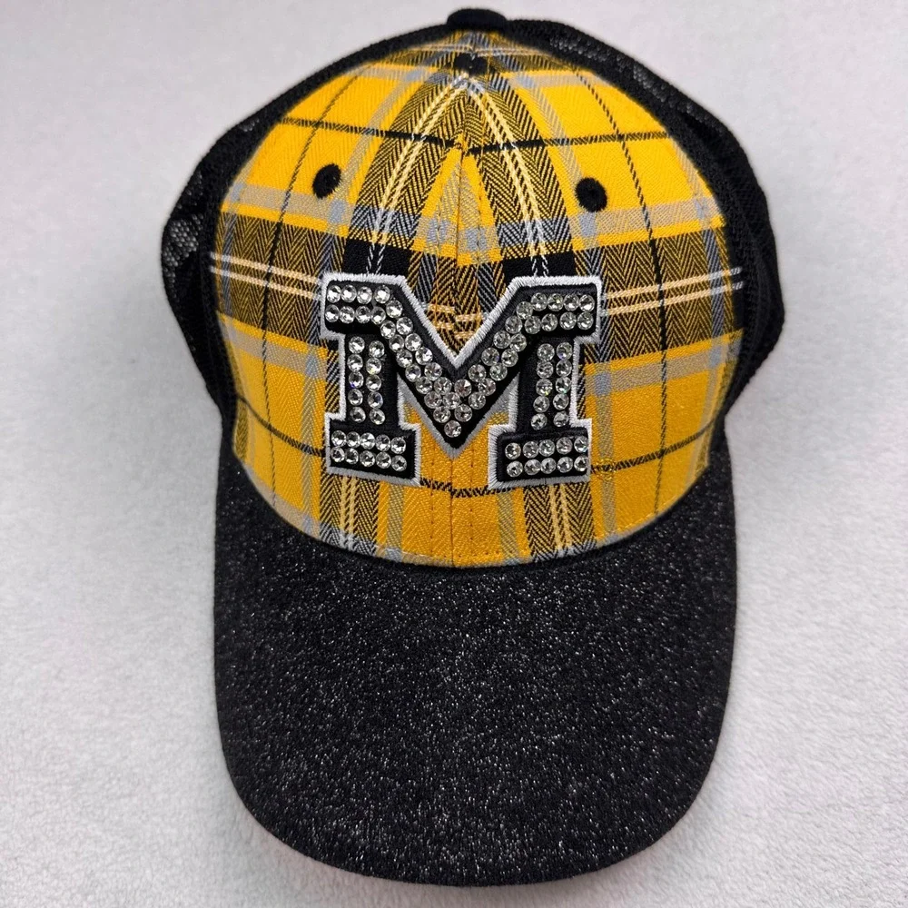 Michigan Wolverines Plaid Rhinestone Hat One Fit Black U‎ of M NCAA Big Ten Y2K
